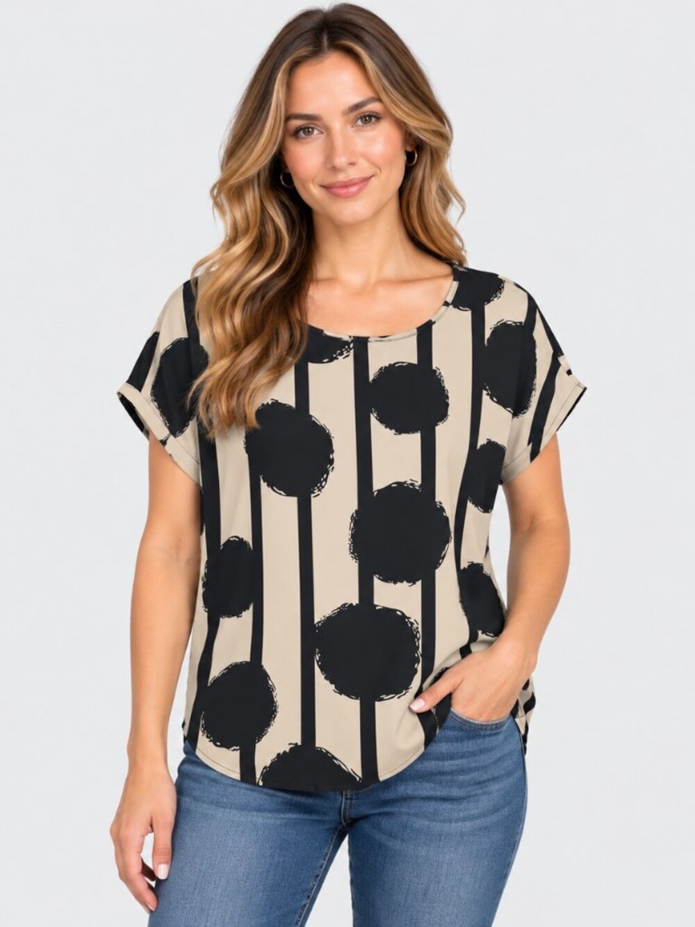 Emery Rose Women's XL Black Beige Abstract Dot Stripe Short Sleeve Blouse Top Mo